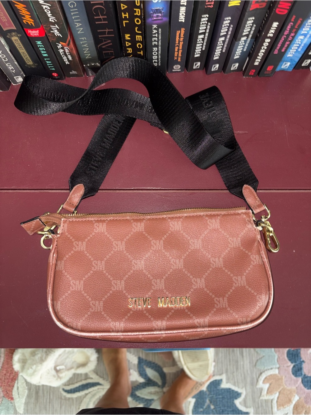 Steve Madden Rose Brown Logo Crossbody with Wide Black Strap